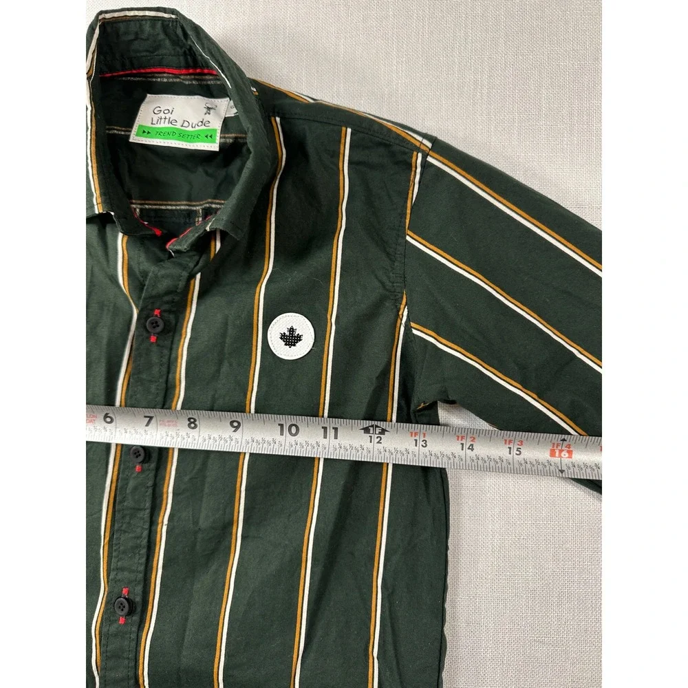 Goi Little Dude Boys Green Striped Roll Tab Sleeve Button Down Shirt Size 6